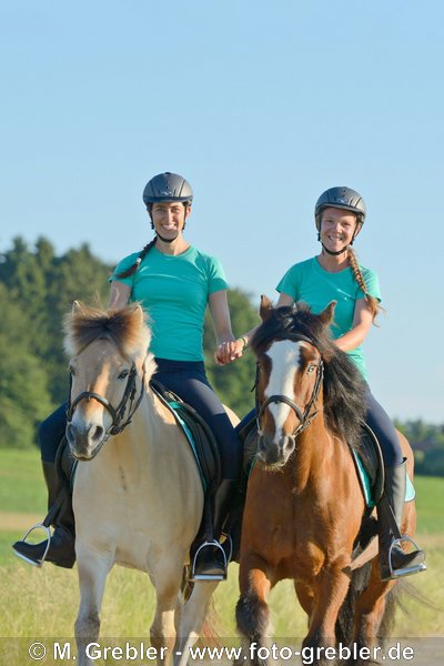 Zwei Freundinnen reiten Hand in Hand (Fjordpferd und Tinker) 