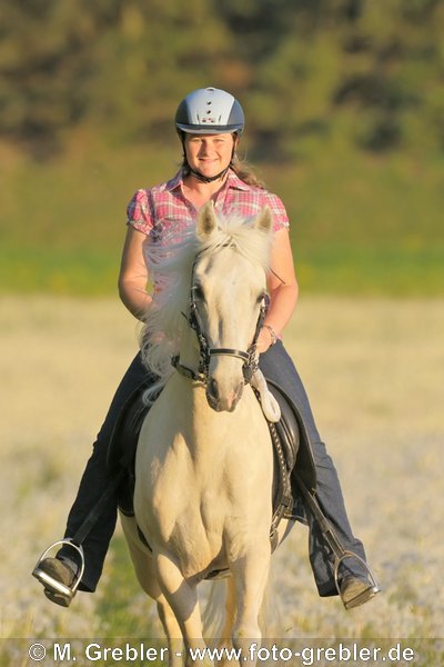 Reiterin auf Isabellfarbenem Paso Fino Pferd 