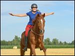 Reiterin galoppiert freihändig ohne Sattel auf 19 jährigem Trakehner im Stoppelfeld 