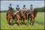 Sicherheit beim Reiten: Reiterinnen mit Reithelm und Sicherheitsweste beim Ausritt  