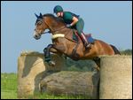 Reiterin auf Bayerischem Warmblut beim Geländespringen 