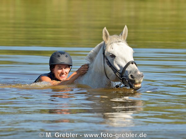 Frau mit Connemara Pony beim Schwimmen in einem See 
