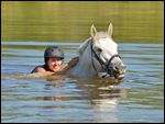 Frau mit Connemara Pony beim Schwimmen in einem See 