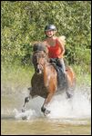 Jugendliche Reiterin auf Isländer galoppiert in der Isar südlich von München, Bayern, Deutschland 