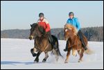 Zwei junge Reiterinnen galoppieren auf Islandpferden im Schnee 