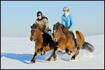 Zwei Reiterinnen auf Islandpferden galoppieren durch Tiefschnee 